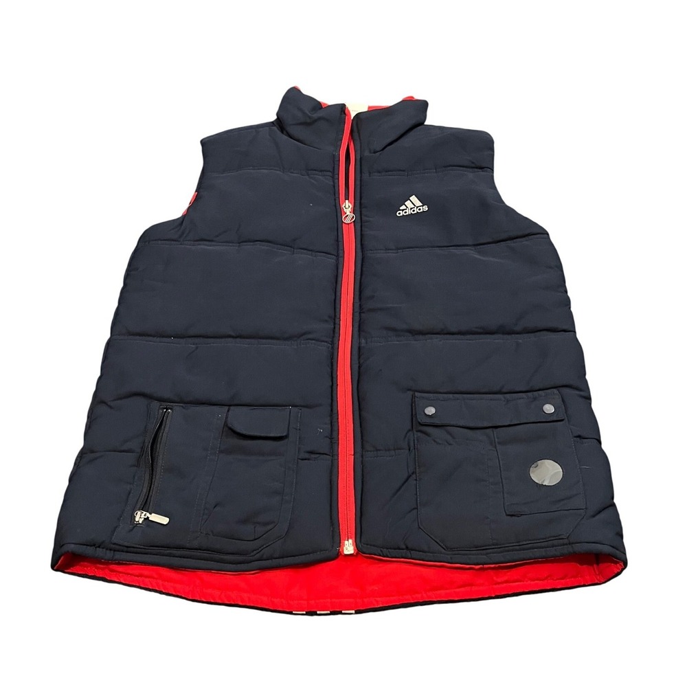 Adidas Puffer‎ Vest Womens Medium Navy Blue Red Full Zip Insulated E82596